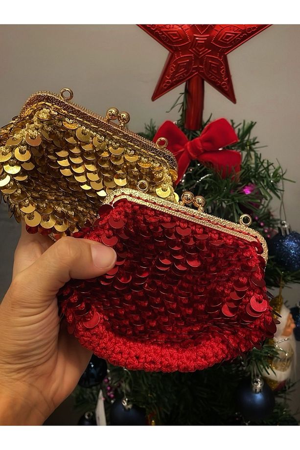 Mini Party Kırmızı Payet El Yapımı Örgü Çanta - 1