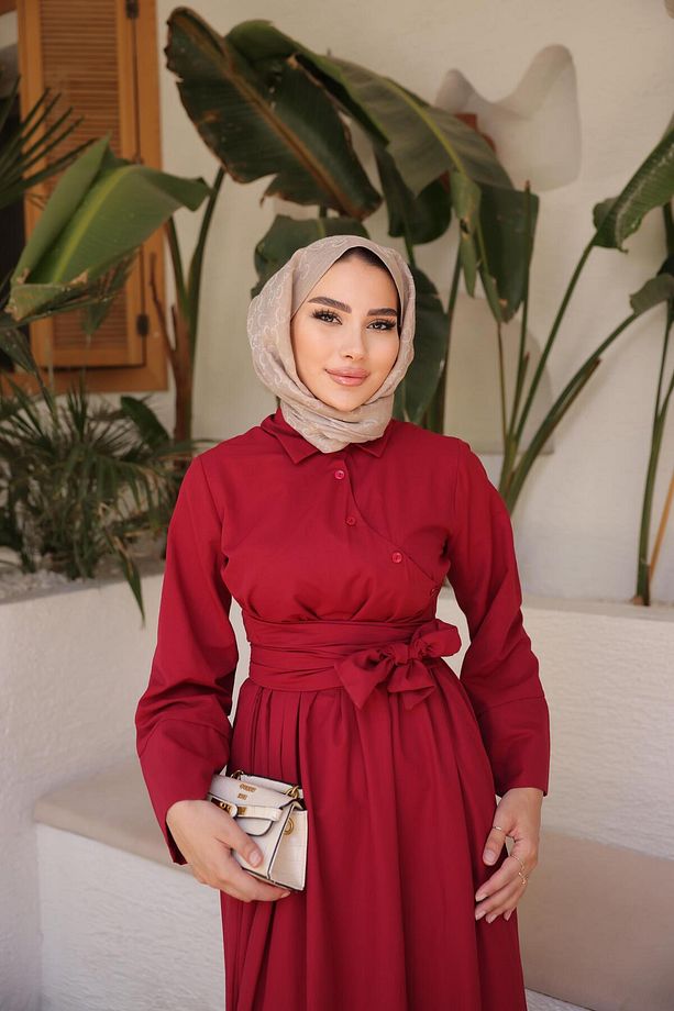 Önü Çapraz Belden Bağlamalı Tesettür Elbise - 3