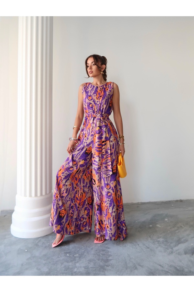 Women's Perry Patterned Belted Pocket Wide Leg Tulle Summer Jumpsuit