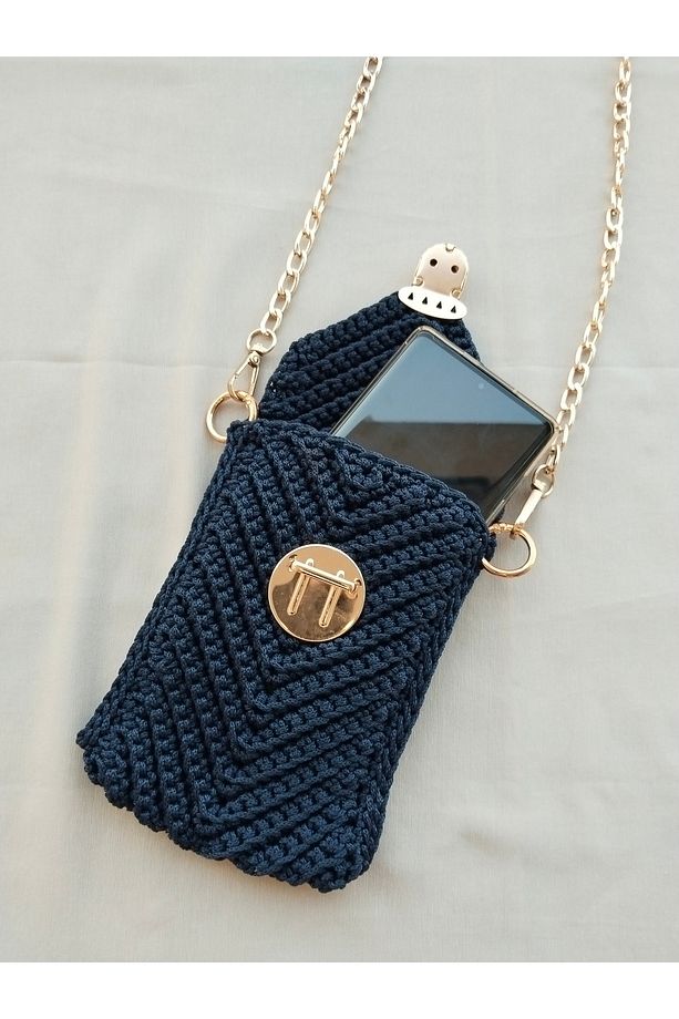 El Yapımı Polyester Makrome İpinden Telefon Çantası (LACİVERT) - 1