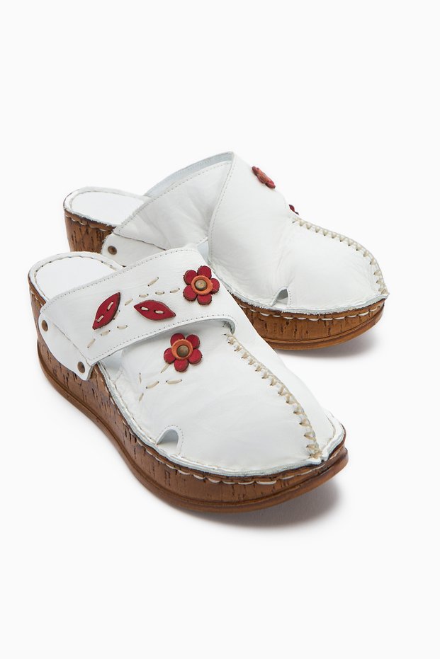 Genuine Leather Alto White Wedge Slippers Antique Sole Comfort Slippers