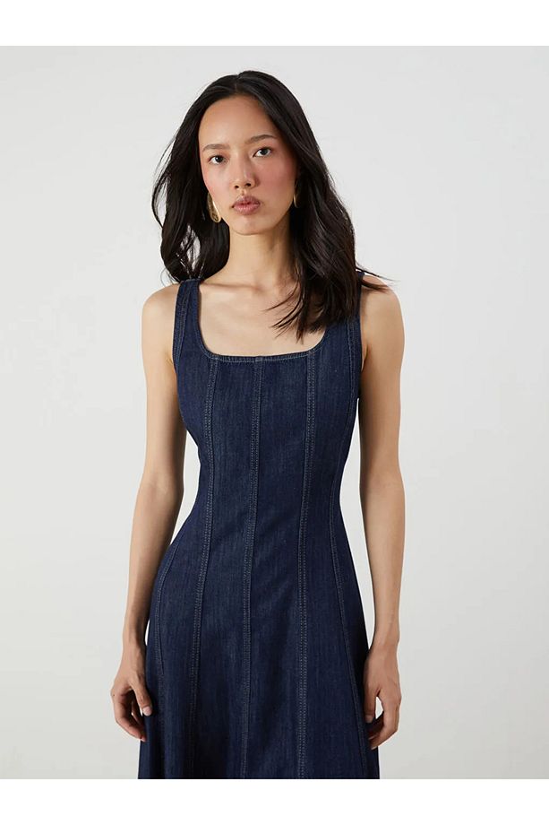 LCW Vision Indigo Kare Yaka Mini Jean Elbise - 2