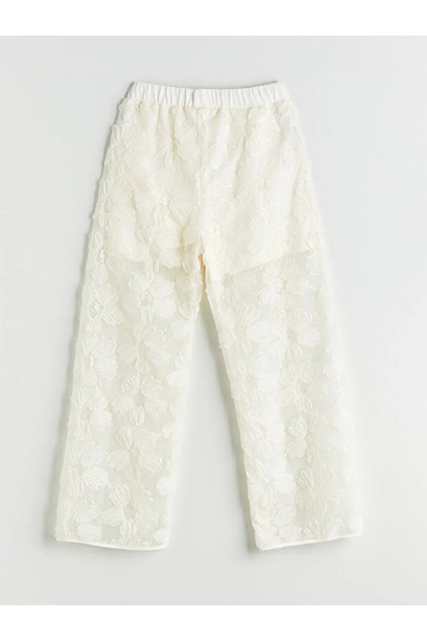 LCW Kids Ekru Beli Lastikli Çiçekli Kız Çocuk Pantolon - 2