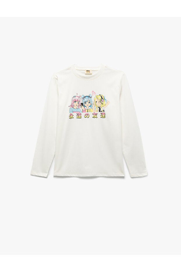 Anime Printed Ecru Girl's Long Sleeve T-Shirt 6Wkg10024Ak