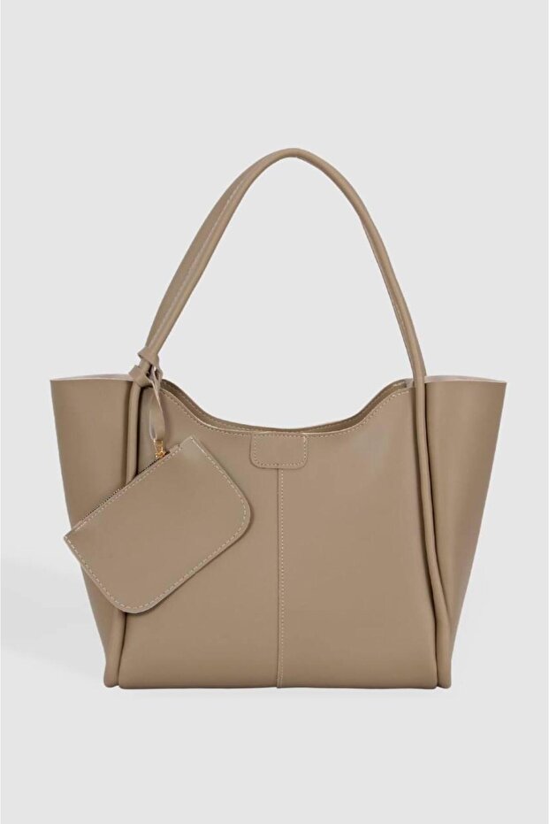 Women's Wallet Detailed Large Size Shoulder Bag Beige