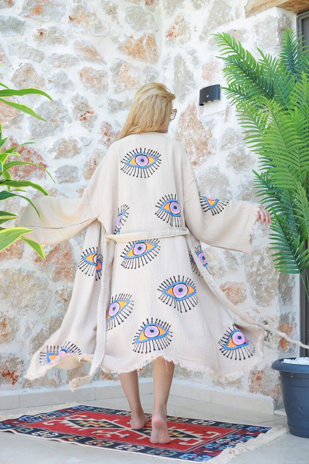 Muslin Kimono 100% Cotton Eye Printed Patterned Bathrobe Kaftan Dressing Gown Beige