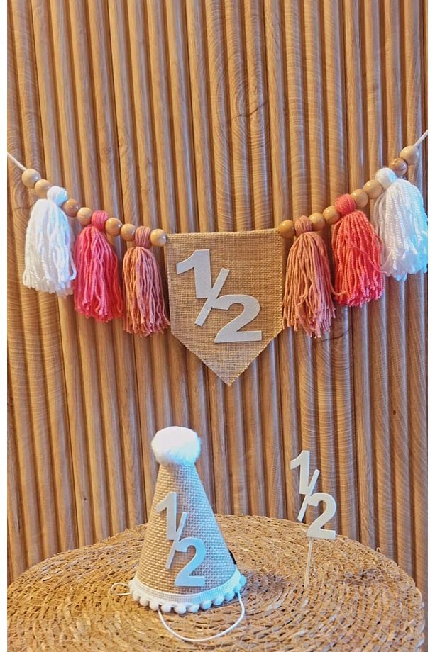 6 Aylık 6 months Şapka Mama Sandalyesi Duvar Flaması Pembe 1/2 Yarım Yaş Partisi 3 lü Set Flama - 1