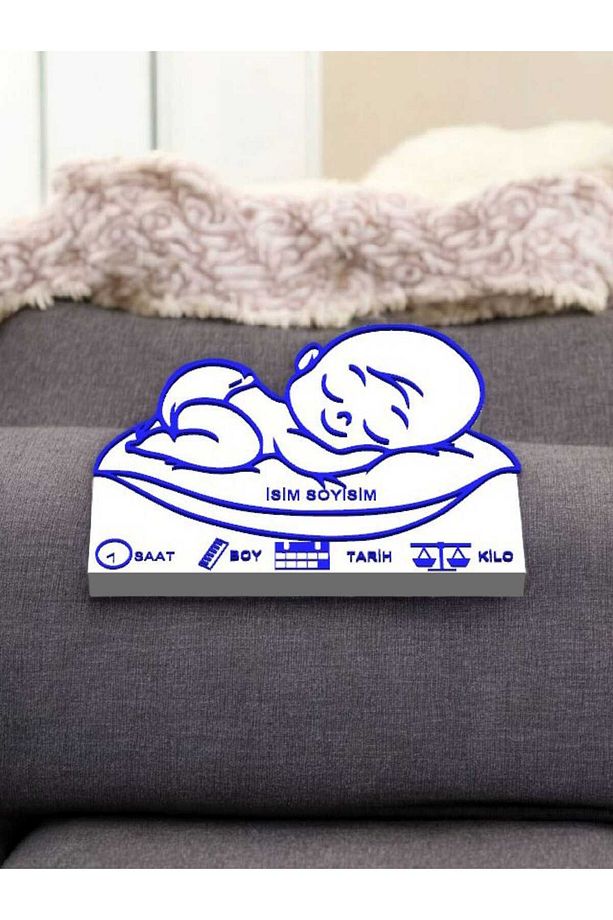 İsme Özel 3D Bebek Hatırası – Doğum Tarihli Dekoratif Masa Süsü (Mavi) - 4