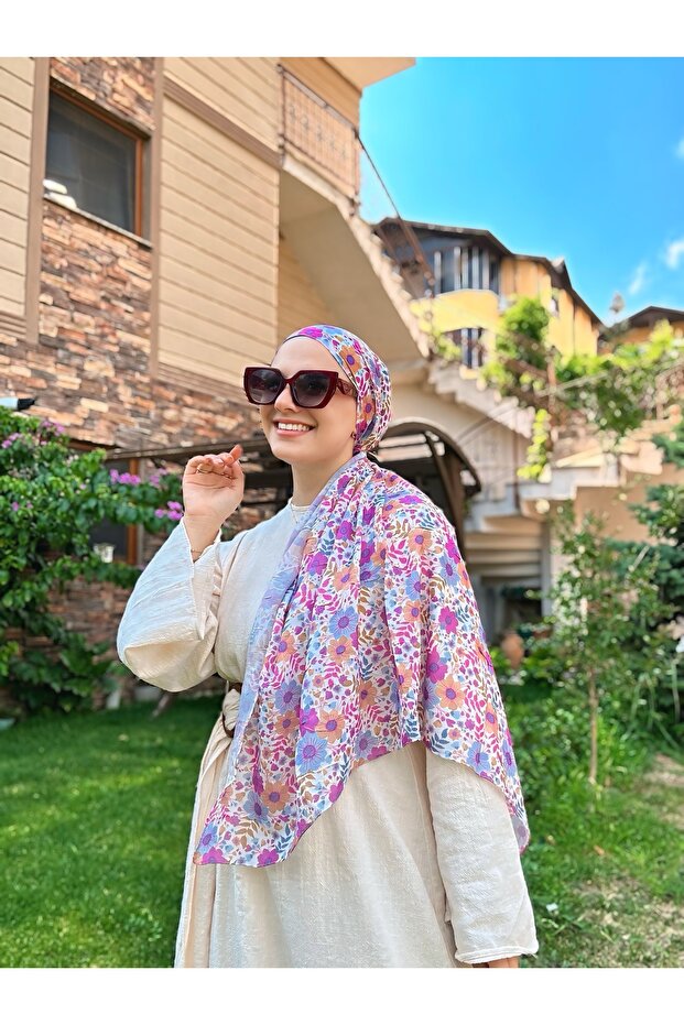 Flora Pattern Bamboo Scarf - Blue - Salmon - 1