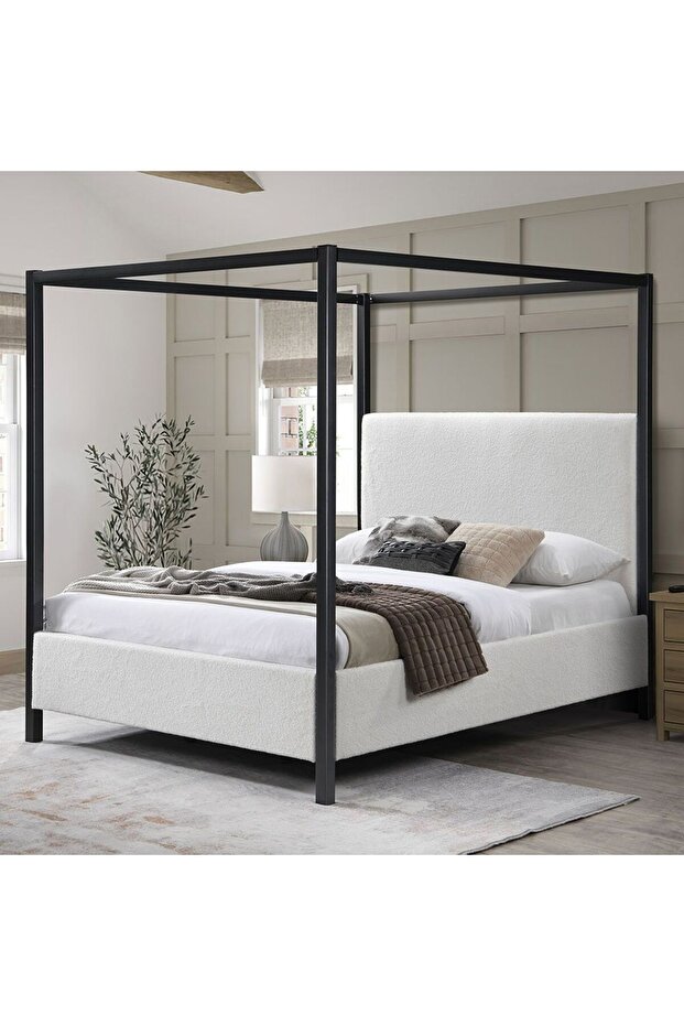 Gemini 160X200 Queen Metal Poster Bed W/Upholstered Headboard-Black & Cream