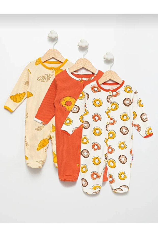 100% Cotton Snap Booties Donut Themed Jumpsuit 3 Piece Set