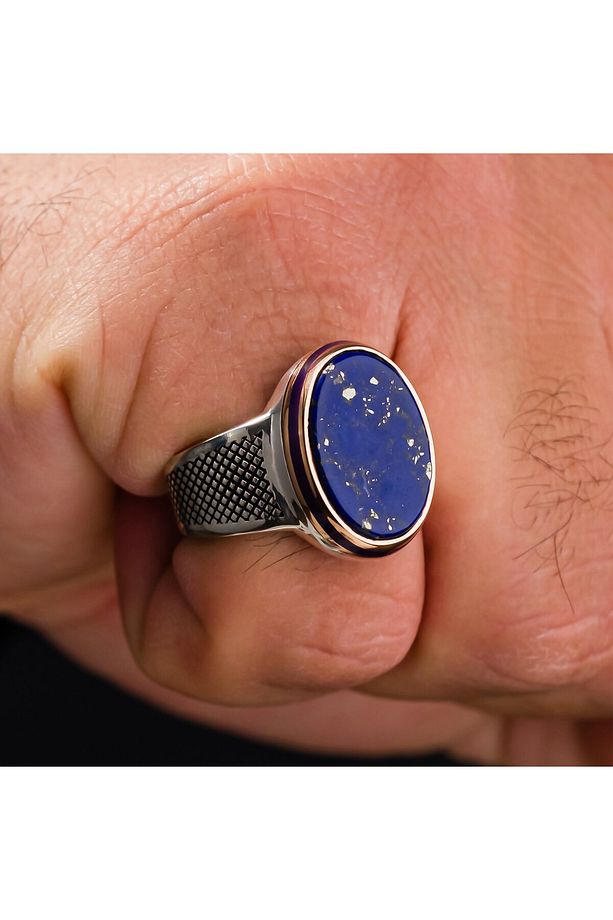 Lapis Lazuli Taşlı Oval Kasa 925 Ayar Gümüş Erkek Yüzük - 3