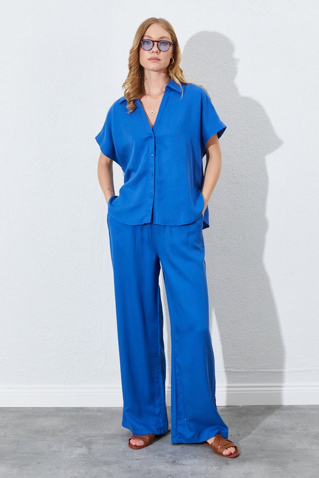 Indigo Lace-Up Comfortable Stylish Women's Trousers with a Straight Cut at the Waist | Ek100669938 