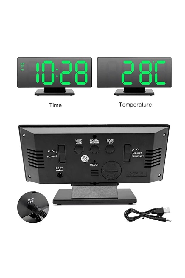 Digital LED Mirror Clock Dalbi, Temperature Display, Alarm, Date, Time, Green LED, 2 Light Levels, B - 3