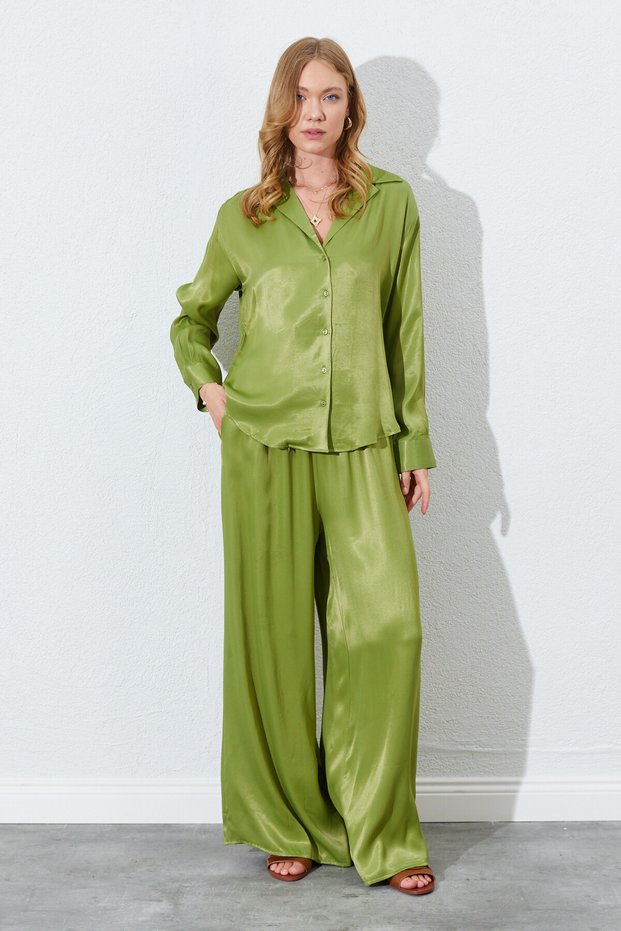 Oil Green Rubber Waist, Draped Satin Palazzo Pants | Ek1006618511