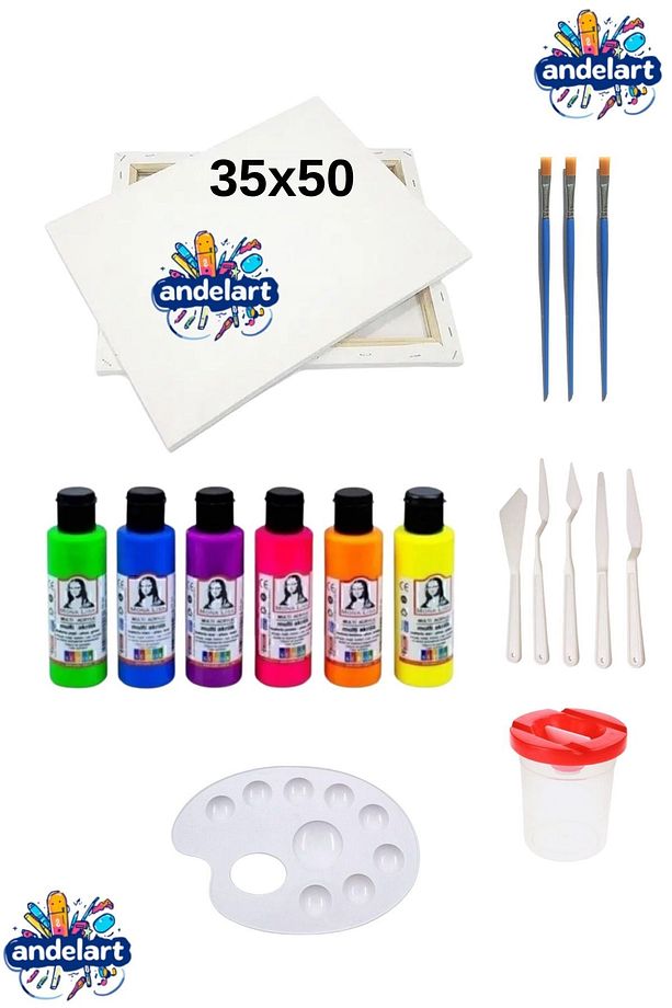 Neon Fosforlu Akrilik Boya Başlangıç Seti Tuval 35x50, 3 lü Fırça, 5 li Spatula Palet, Su kabı - 1