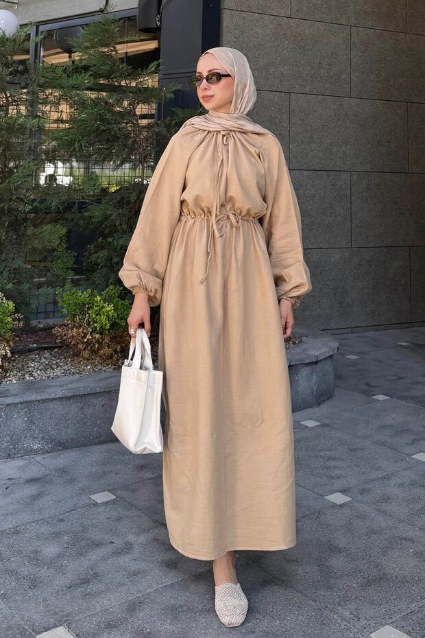 Balloon Sleeve Tie Hijab Dress Sand Beige