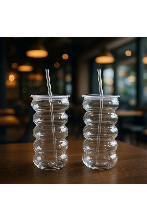 WaveCup Şeffaf Kapaklı Pipetli Cam Bardak SOĞUK KAHVE LİMONATA MEŞRUBAT 2 ADET - 1