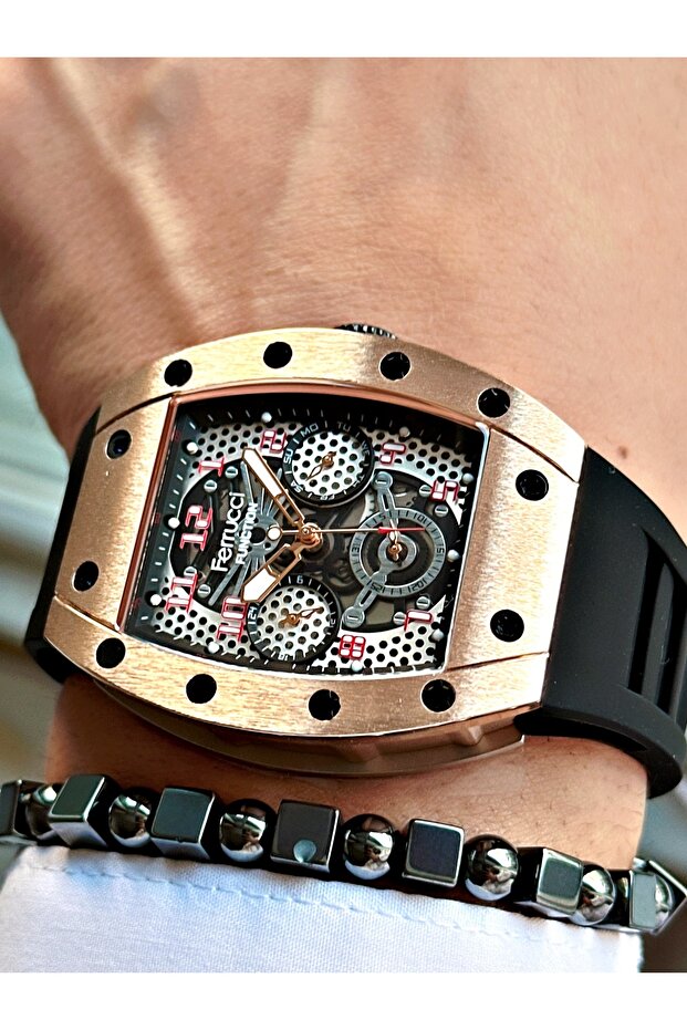 Function Silver Dial Rose Case Square Silicone Black Men's Watch - 2