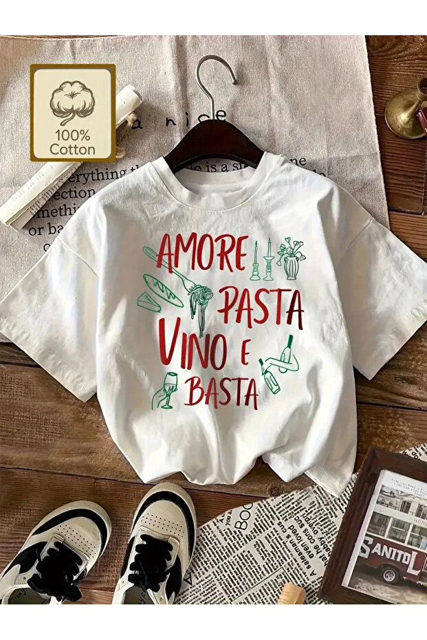 Amore Pasta Vino E Basta Design Unisex Oversize T-Shirt