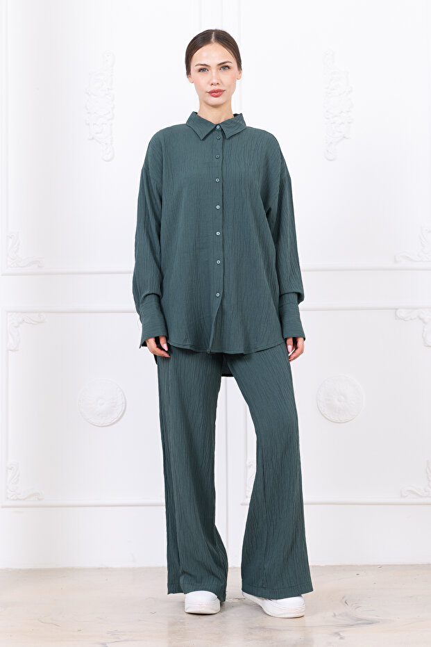 Seersucker Women's Shirt Pants Double Set