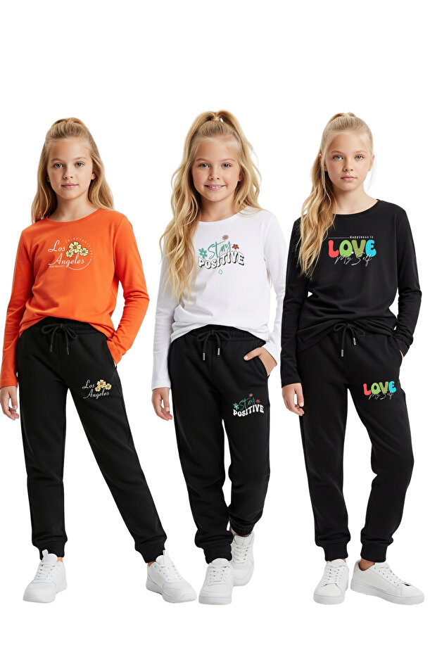 3-Piece Round Neck Printed Girl's Bottom-Up Set