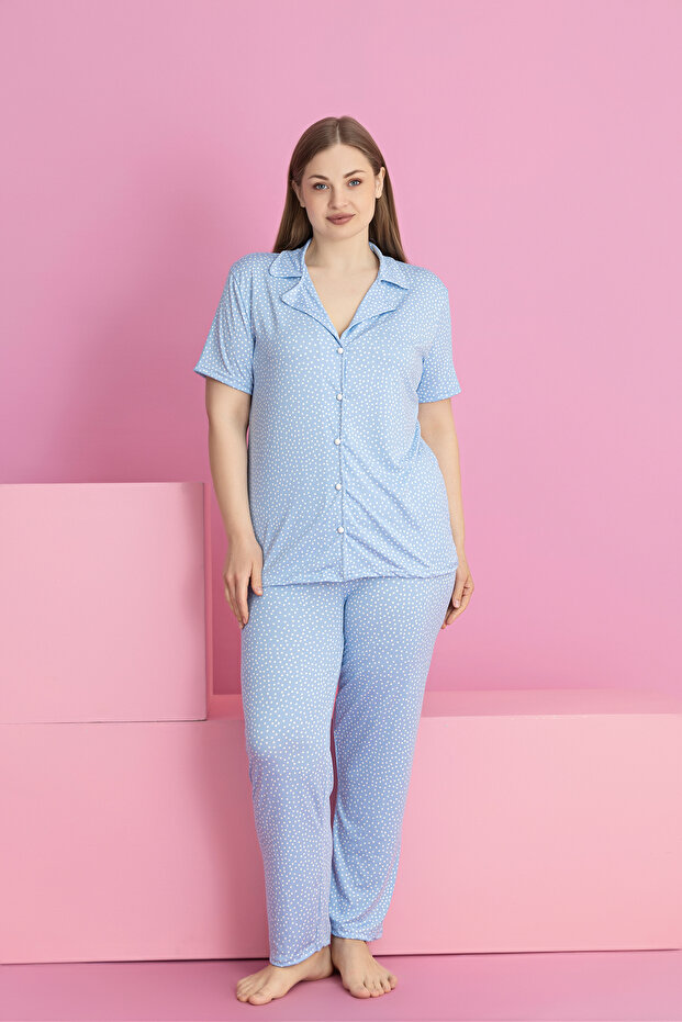 Plus Size Blue Polka Dots Pattern Milan Buttoned Pajama Set - 1