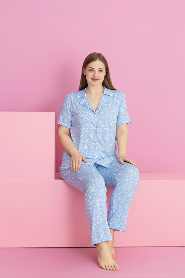 Plus Size Blue Polka Dots Pattern Milan Buttoned Pajama Set - 2