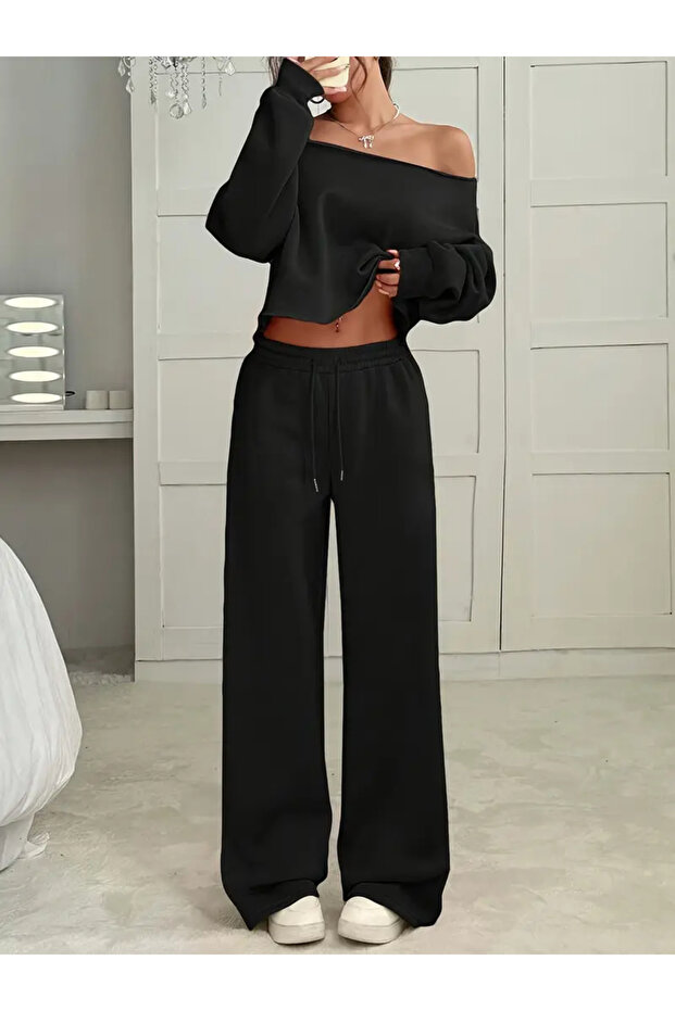 Women's Plain Off Shoulder Crop Sweatshirt Sweatpants Double Set