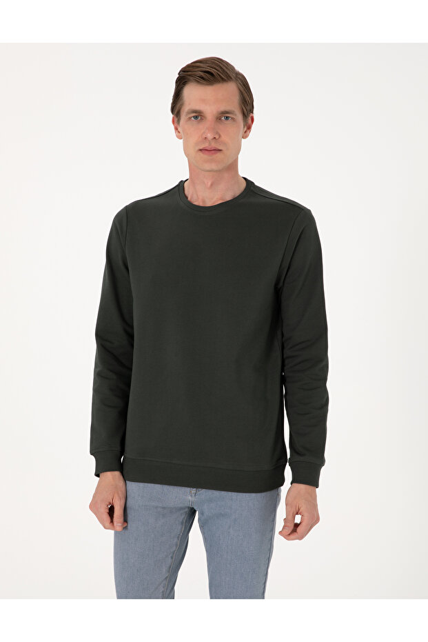 Dark Green 2 Thread Regular Fit Crew Neck Basic Sweatshirt 50314054-Vr079