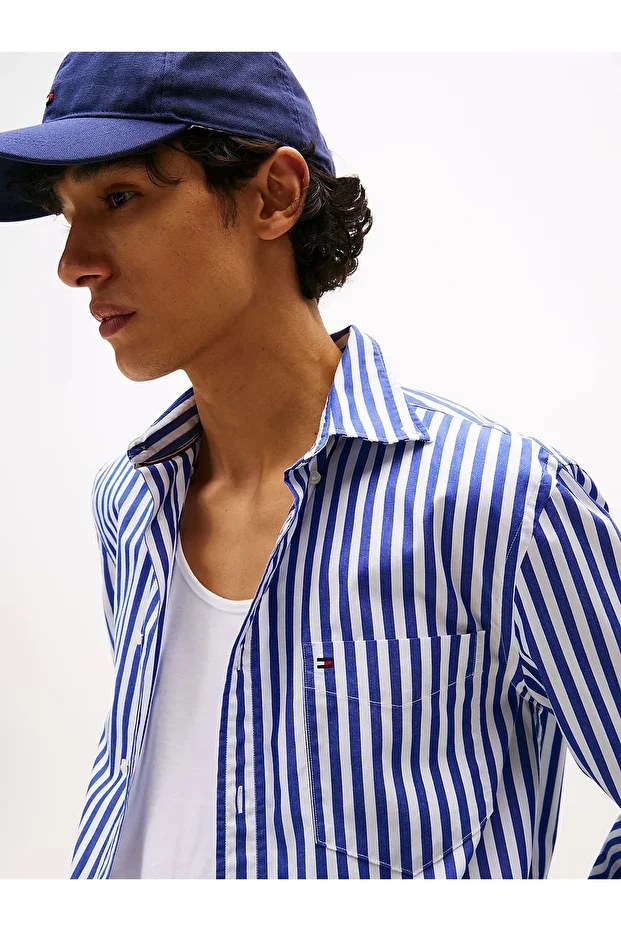 Erkek Flex Poplin Bold Mavi Gömlek MW0MW394510A4 - 4
