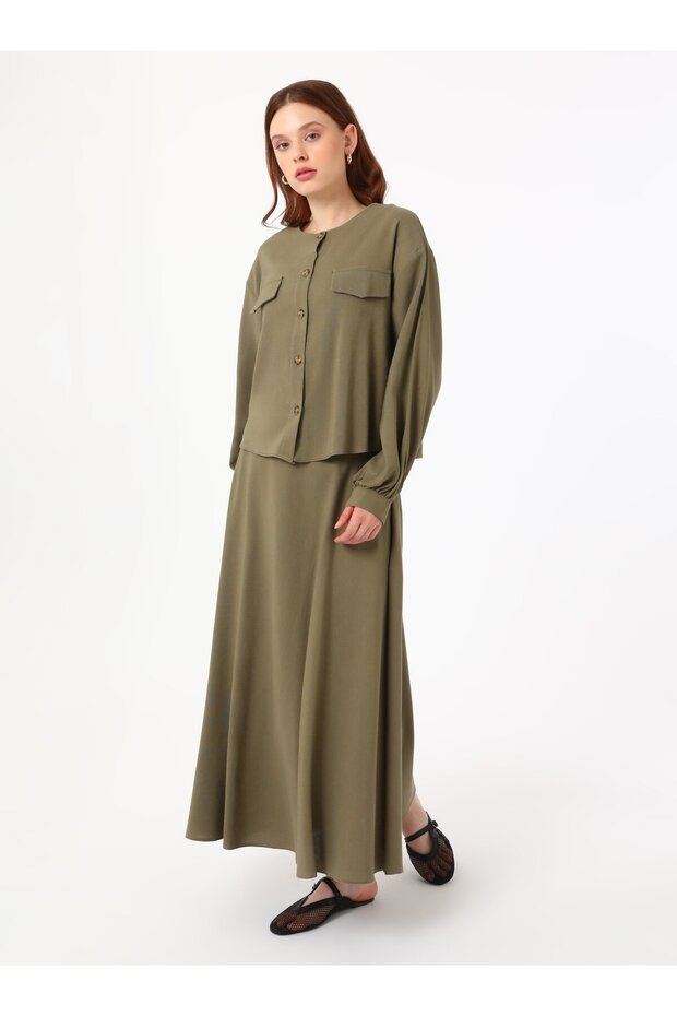 Linen Blended Pocket Cover Shirt & Skirt Double Set - Khaki -