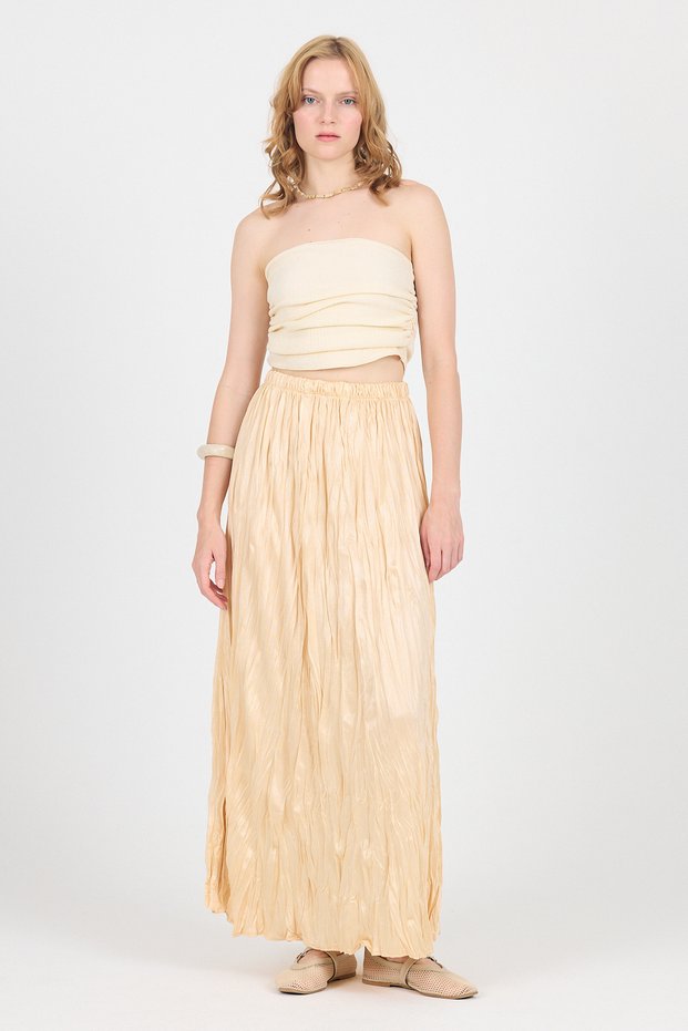Light Beige Elastic Waist Wrinkled Fabric Skirt 3483