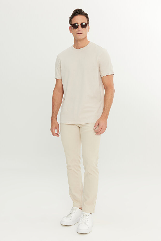 100% Cotton Slim Fit Tight Cut Circle Neck Beige T-Shirt