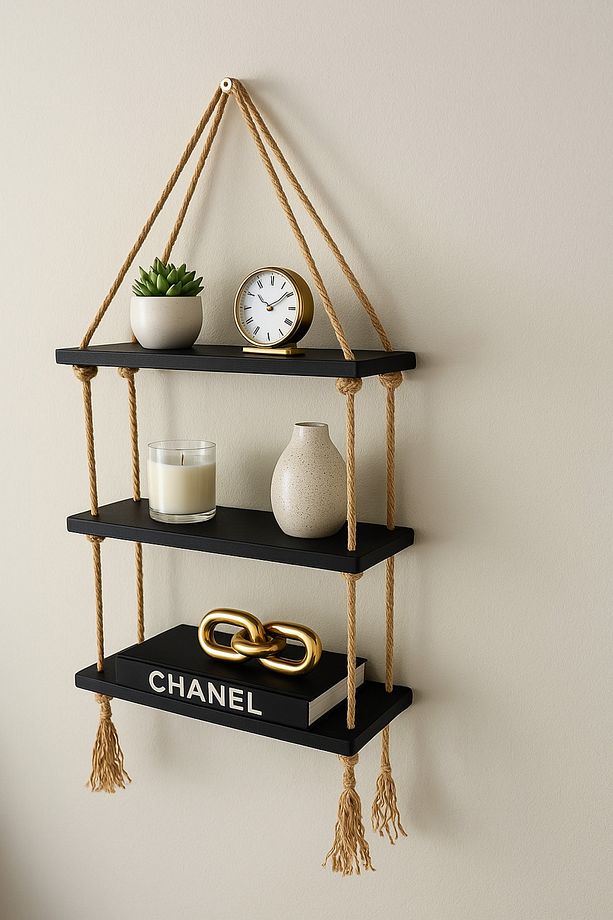 3 katlı Dekoratif Ahşap Halatlı Duvar Rafı Kitaplık & Çiçeklik Uçan Raf 35cmX13cmX90cm - 1