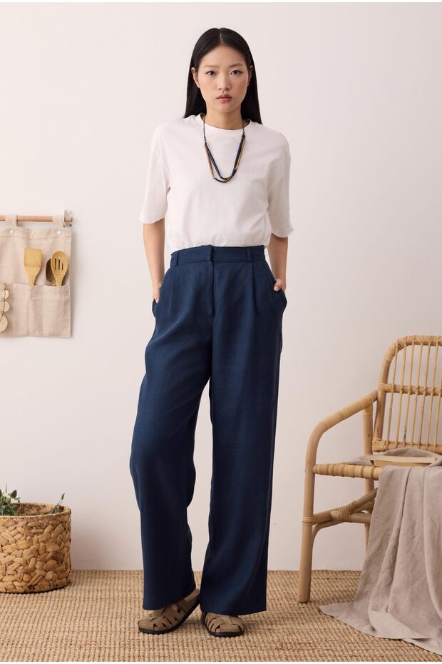 Pileli Basic Keten Pantolon Gece Mavi - 6