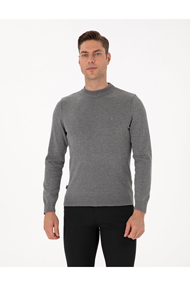 Gray Melange Slim Fit Quarter Collar Basic Knitwear Sweater 50315456-Vr086