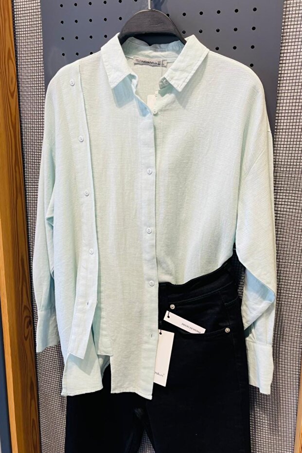 Women's Mint Buttoned 75% Cotton 25% Linen Oversize Shirt (Choose 1 Size Small)
