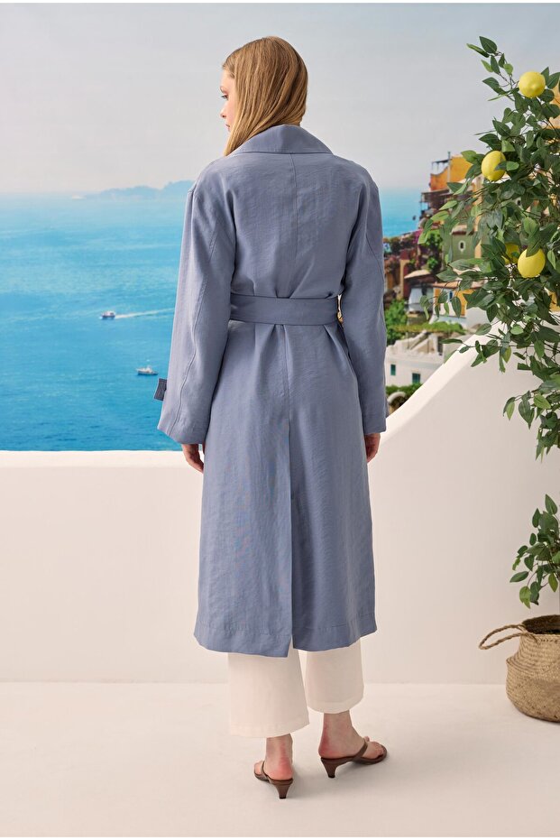 Buttoned Long Trench Coat Lavender Blue - 5