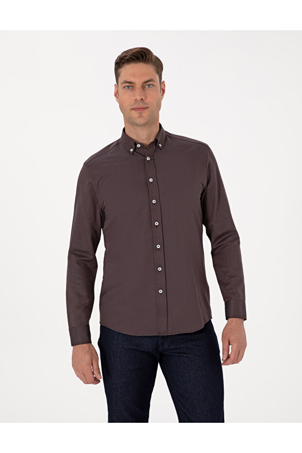 Dark Brown Regular Fit Long Sleeve Shirt 50311487-Vr084