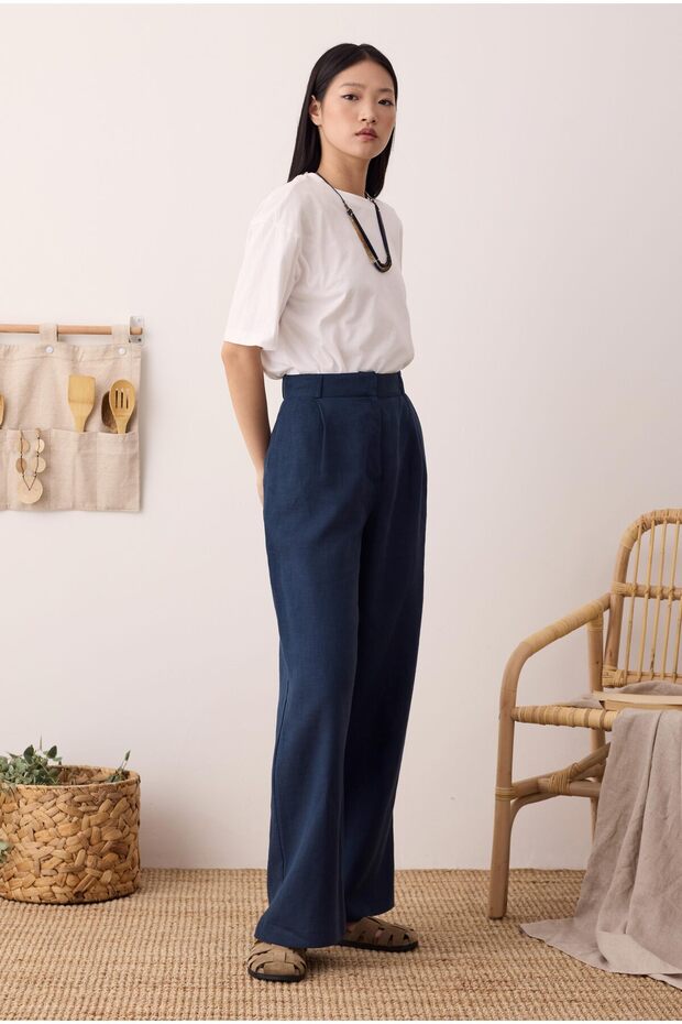 Pileli Basic Keten Pantolon Gece Mavi - 5