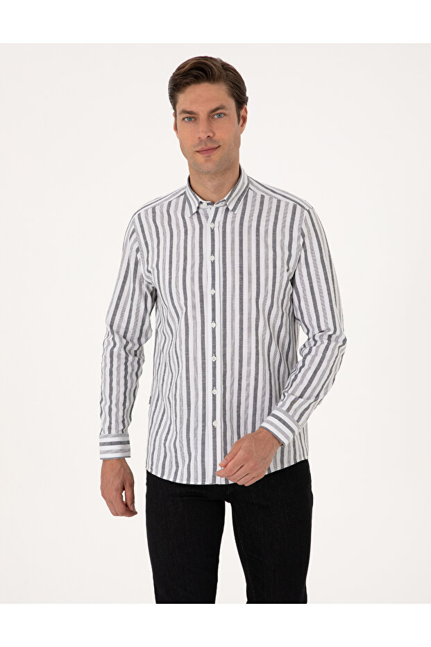 Black Regular Fit Striped Long Sleeve Shirt 50312269-Vr046