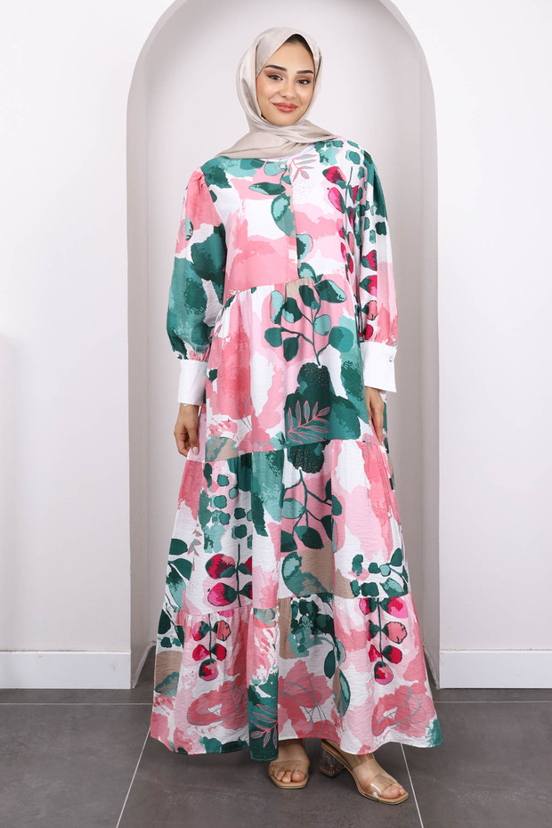 فستان أخضر منقوش بنصف زر - 1