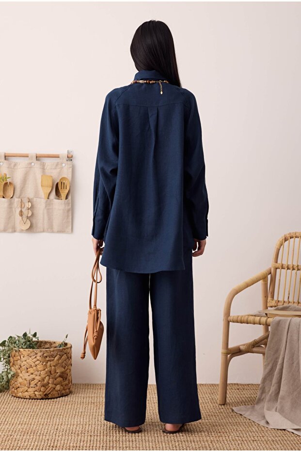 Pileli Basic Keten Pantolon Gece Mavi - 7