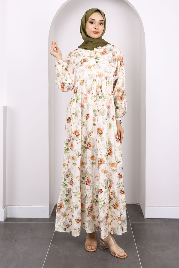 Tile Half Button Skirt Layered Pattern Dress