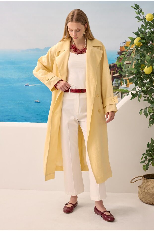 Düğmeli Uzun Trençkot Soft Sarı - 1