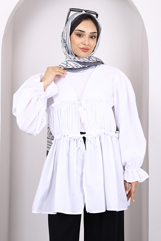 White Front Tie Ruffle Kimono