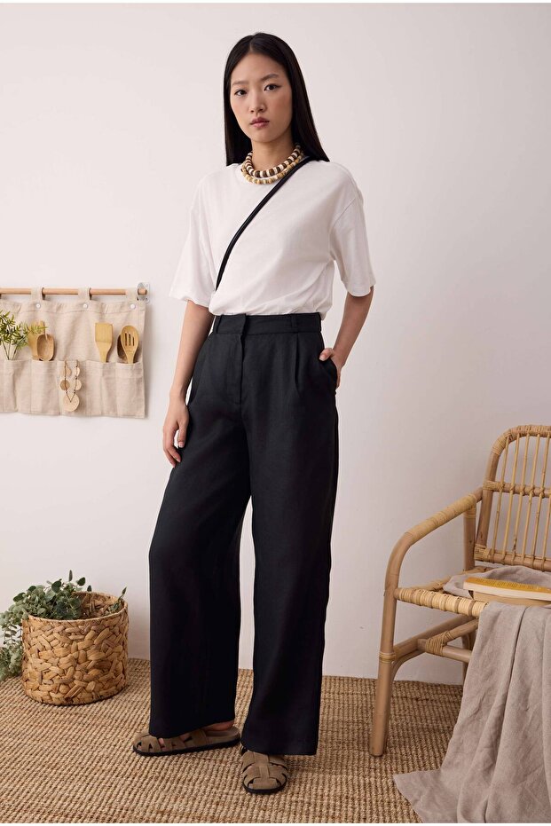 Pileli Basic Keten Pantolon Siyah - 1