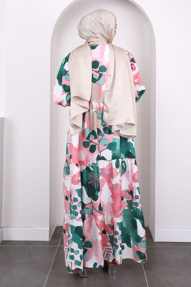 فستان أخضر منقوش بنصف زر - 4