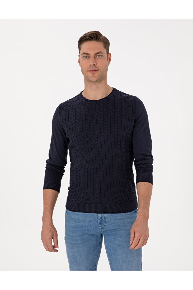 Navy Blue Slim Fit Crew Neck Sweater Sweater 50315717-Vr033